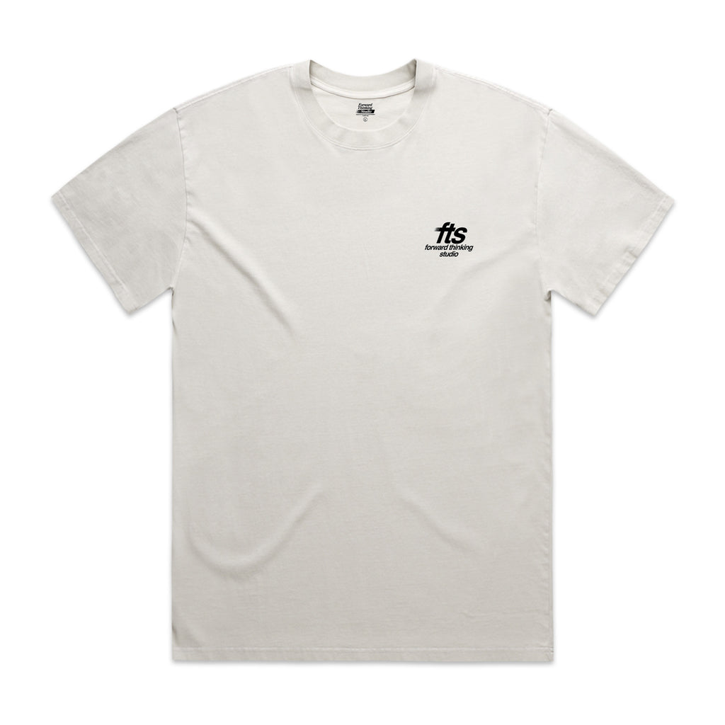 White t-shirt with a black FTS logo on a white background