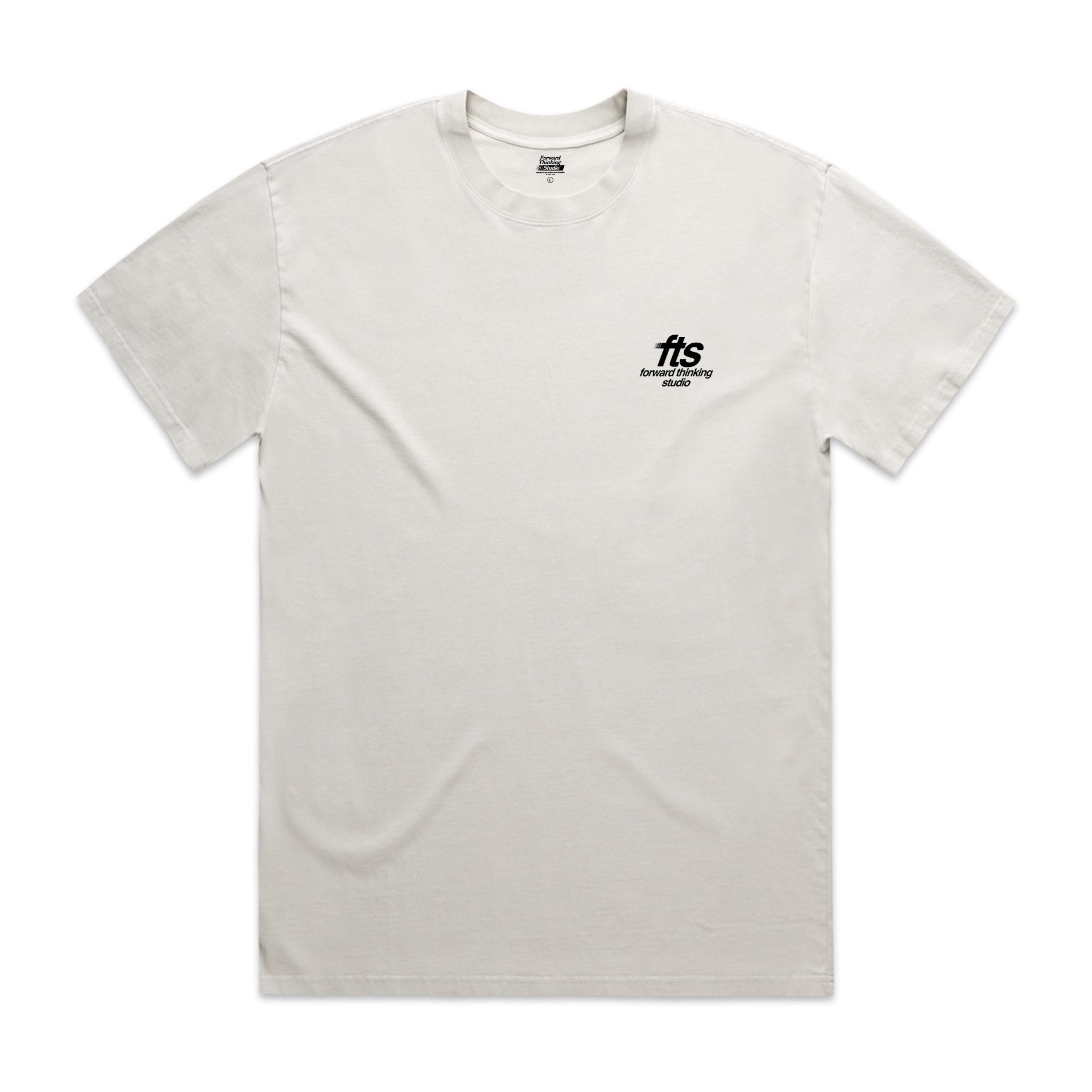 White t-shirt with a black FTS logo on a white background