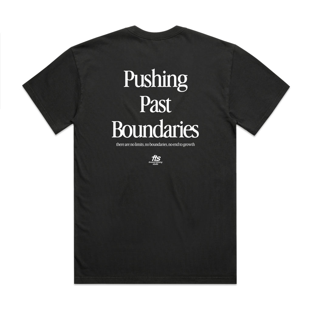 Black t-shirt with 'Pushing Past Boundaries' text on a white background