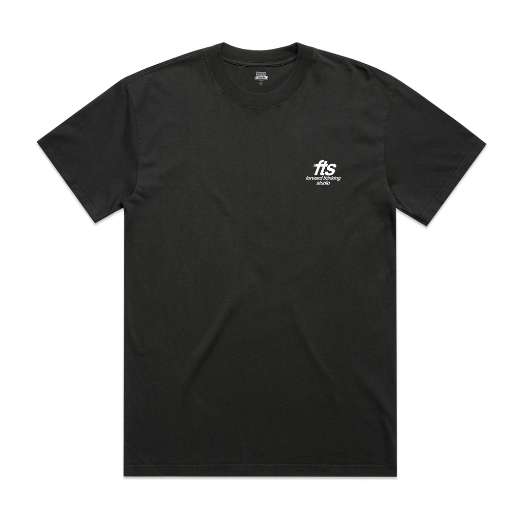 Black t-shirt with a white FTS logo on a white background