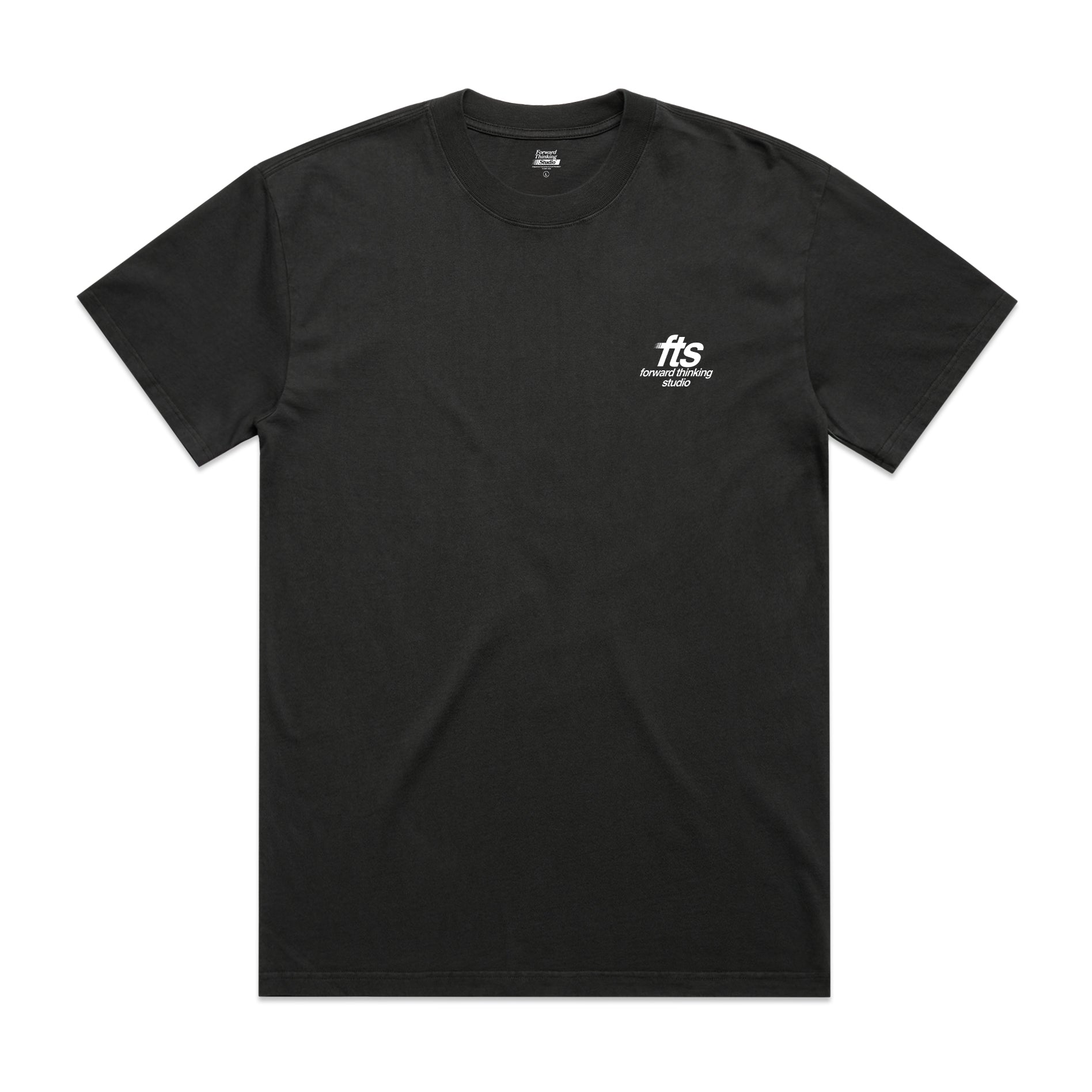 Black t-shirt with a white FTS logo on a white background