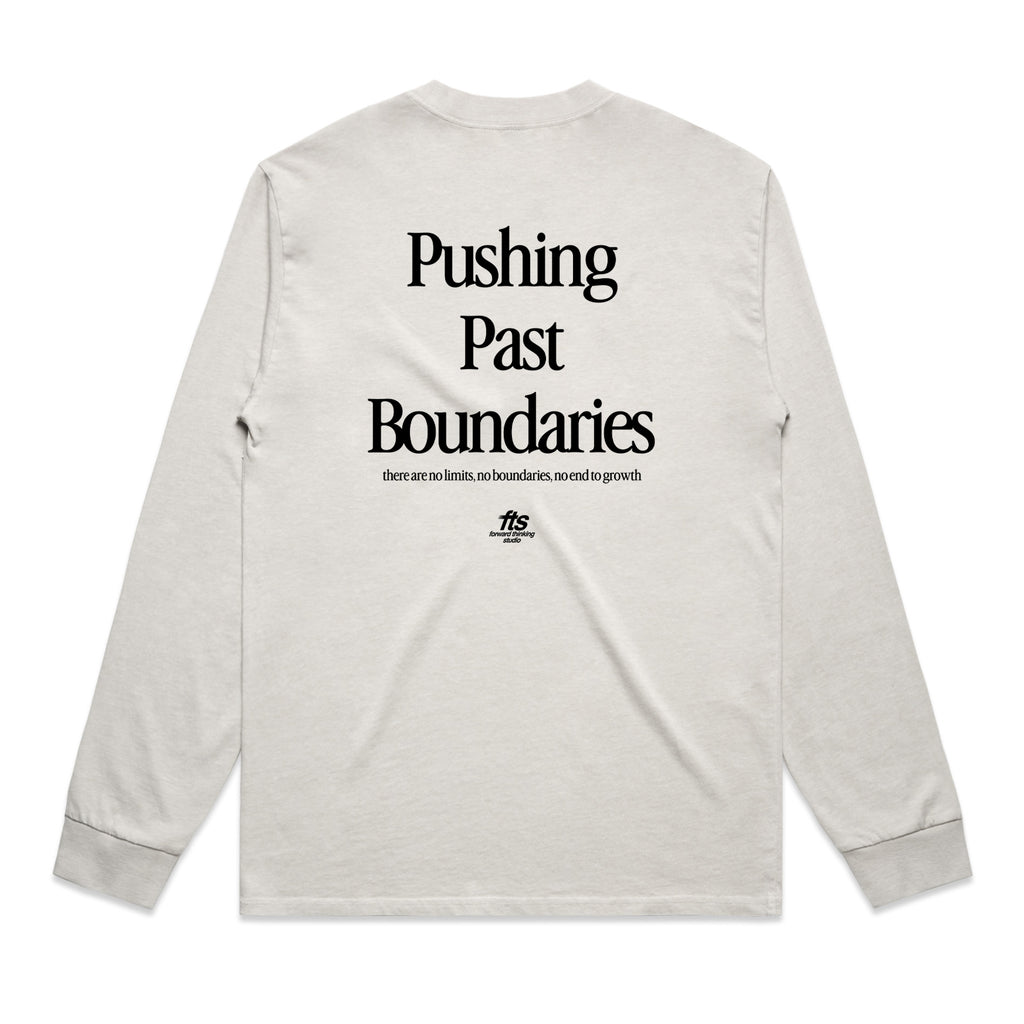 Light gray long-sleeve shirt with black text  "Pushing Past Boundaries" on a white background
